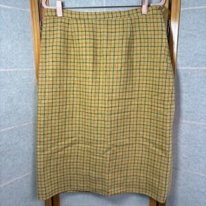 Vintage Yellow Plaid Wool Pencil Skirt Mid-Length Checkered Side Zip 60s Mod